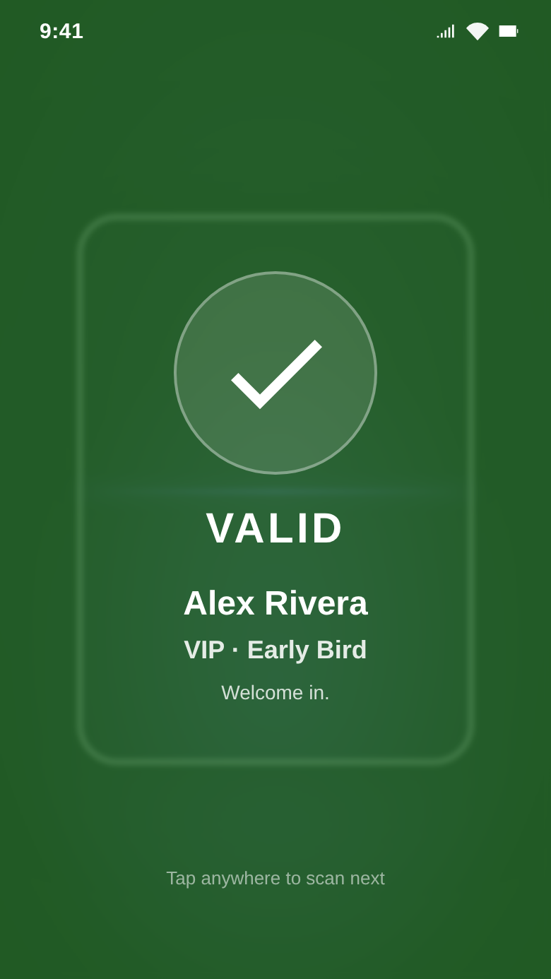 out4 scanner screen showing a valid ticket result in green