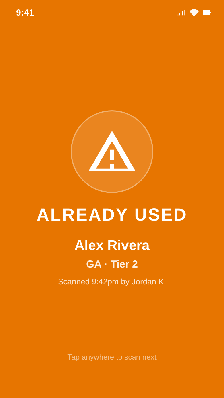 Scanner result: ALREADY SCANNED, amber ring, timestamp + scanner handle