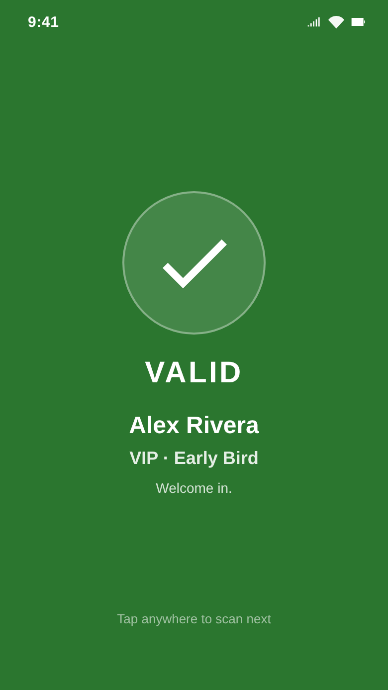 Scanner result: VALID, ticket accepted, green ring
