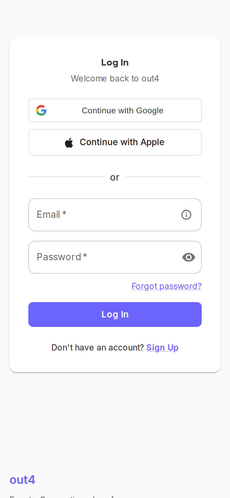 out4 sign-in screen showing email + password + Apple/Google buttons