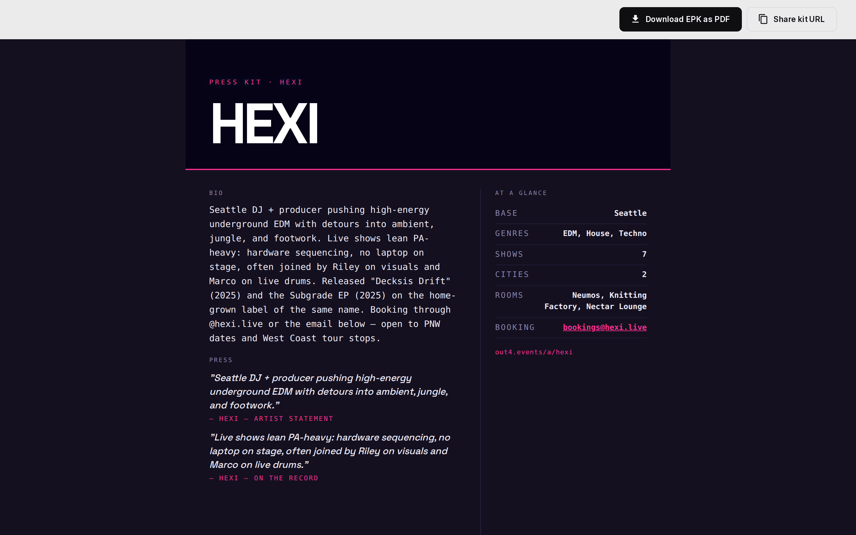 A real out4 artist electronic press kit for Hexi, themed to the artist's brand, shown on a laptop