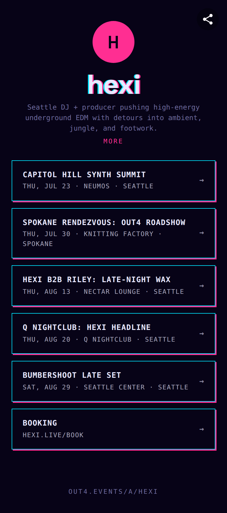 An artist's out4 link page on a phone: one short link with listen, press kit and booking rows plus upcoming shows auto-pulled from what the artist publishes