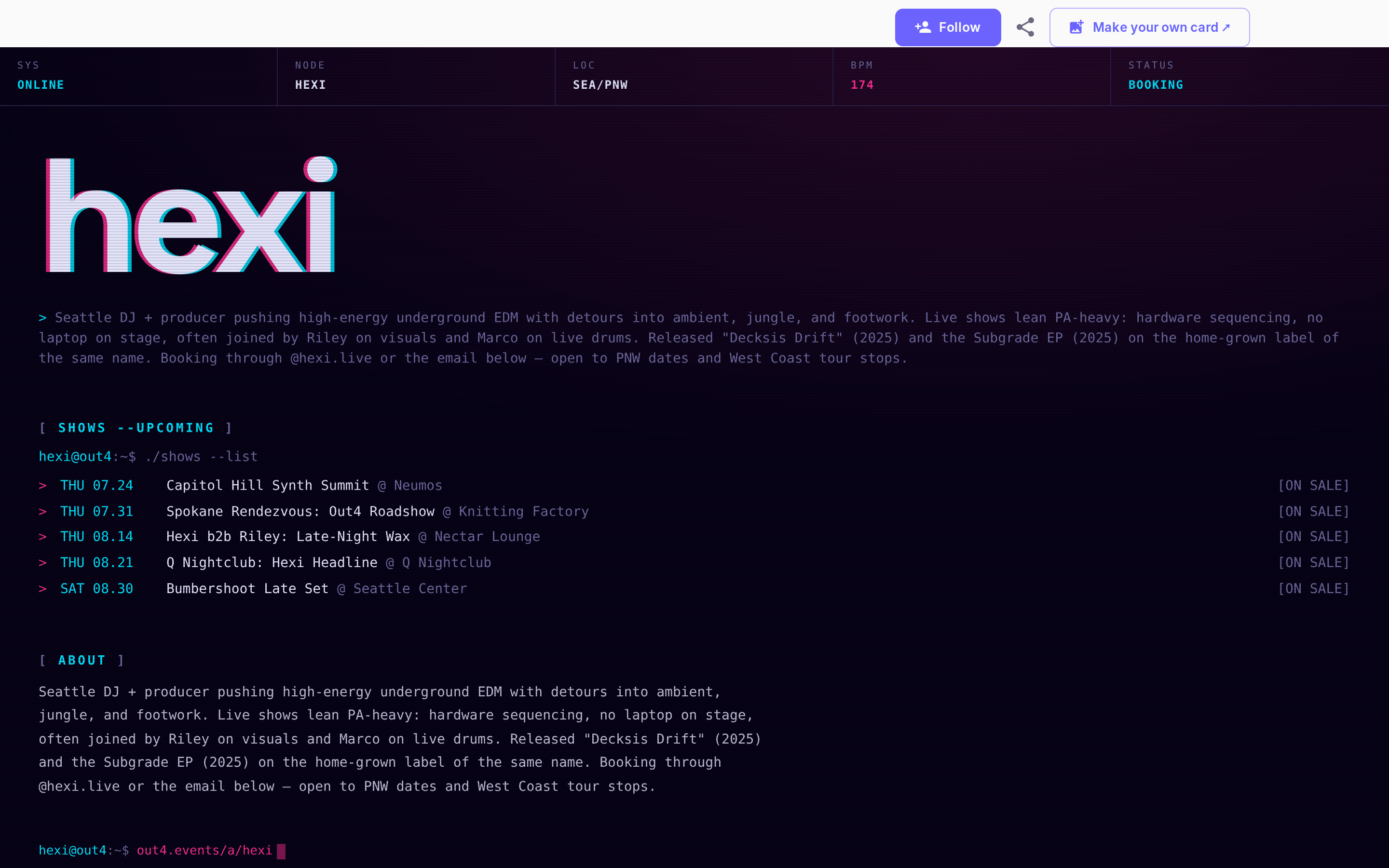 The artist profile page on out4 shown full-width on a laptop screen