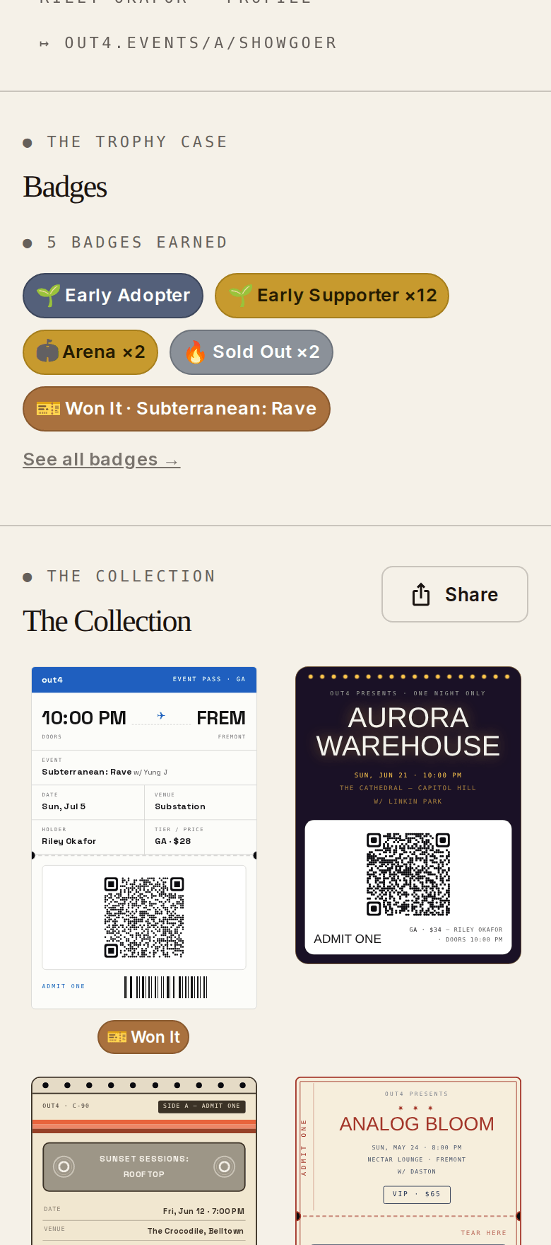 A fan profile trophy case on a phone: five earned badges — Early Adopter, Early Supporter, Arena, Sold Out, Won It — above the start of the stub collection