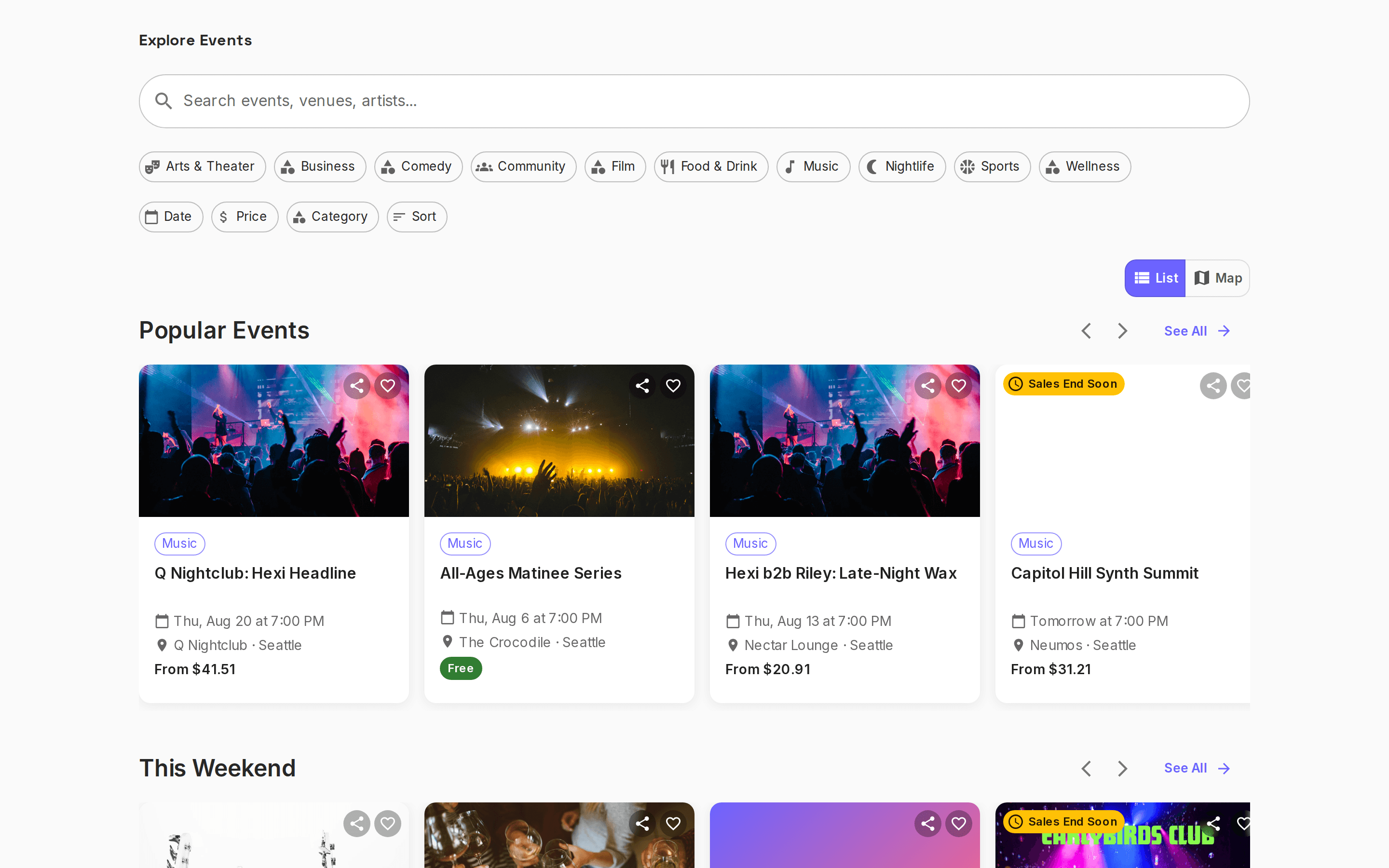 The out4 browse page on a laptop: search field, category chips, Date, Price, Category and Sort filters, and a List/Map toggle