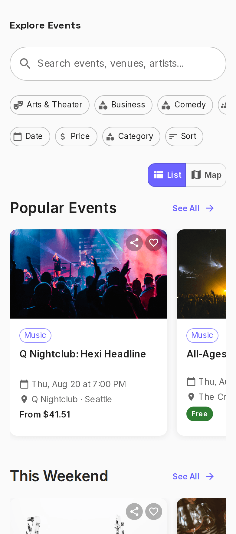 A feed of shows in your city surfacing on a phone