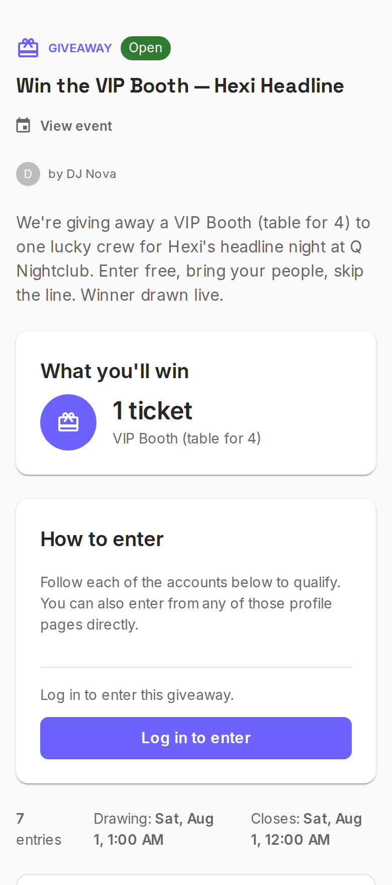 A giveaway on out4 shown on a phone: Win the VIP Booth &mdash; enter by following, no purchase necessary