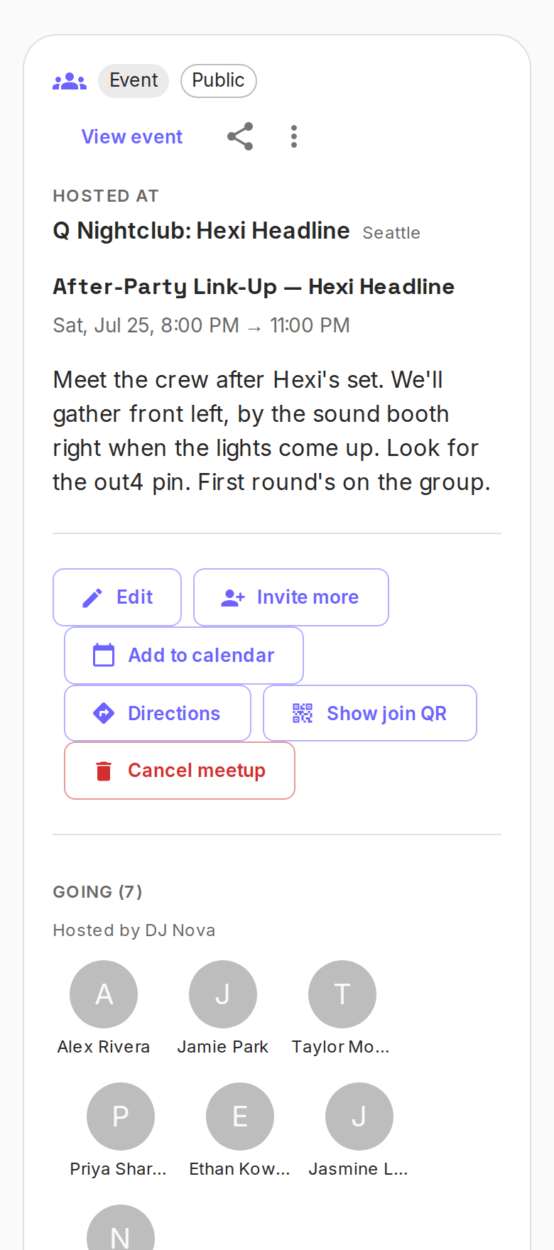 A meetup on out4 shown on a phone: the After-Party Link-Up, seven going, with their avatars
