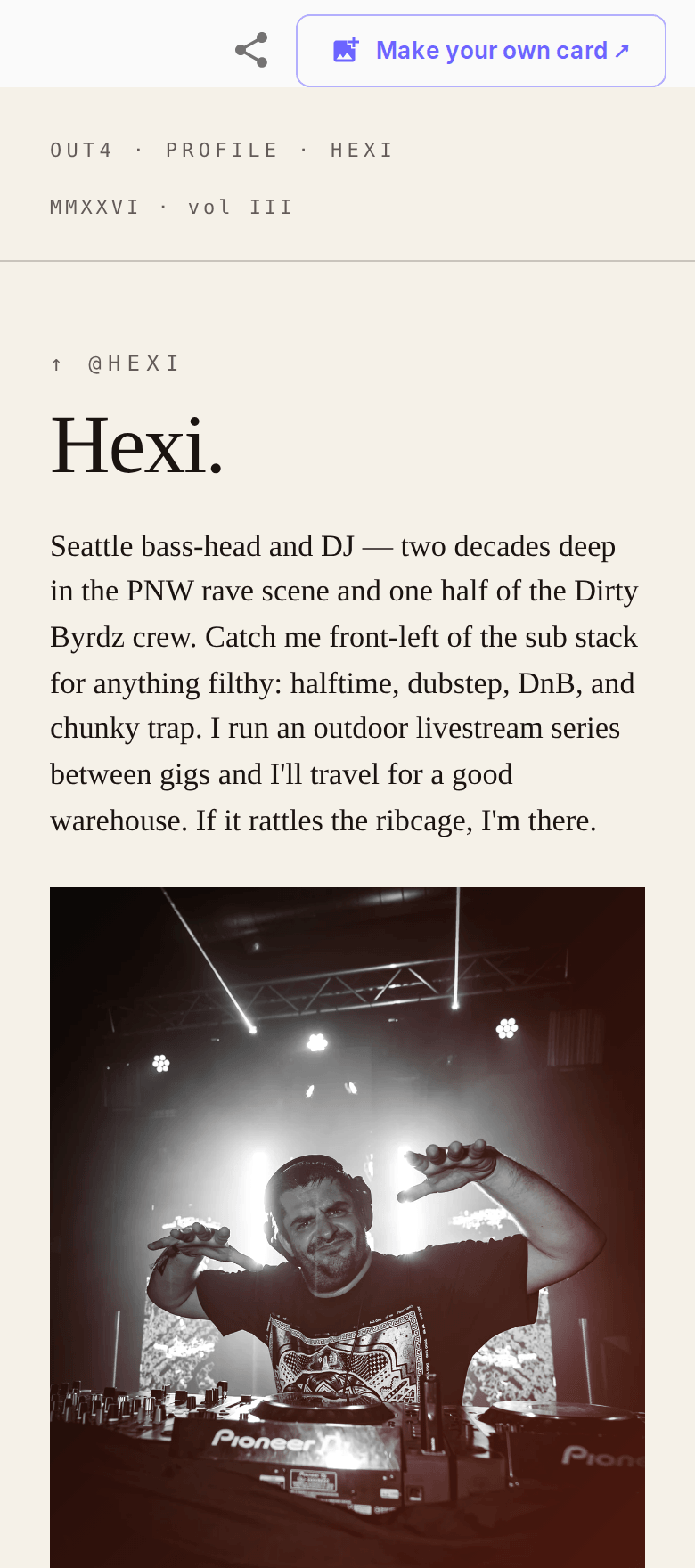 A fan profile on out4 shown on a phone: a diary of past shows auto-logged at the door