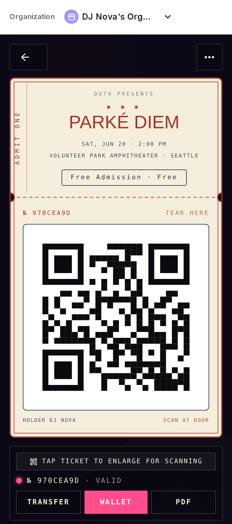 A real out4 keepsake ticket with a scannable QR code, on a phone