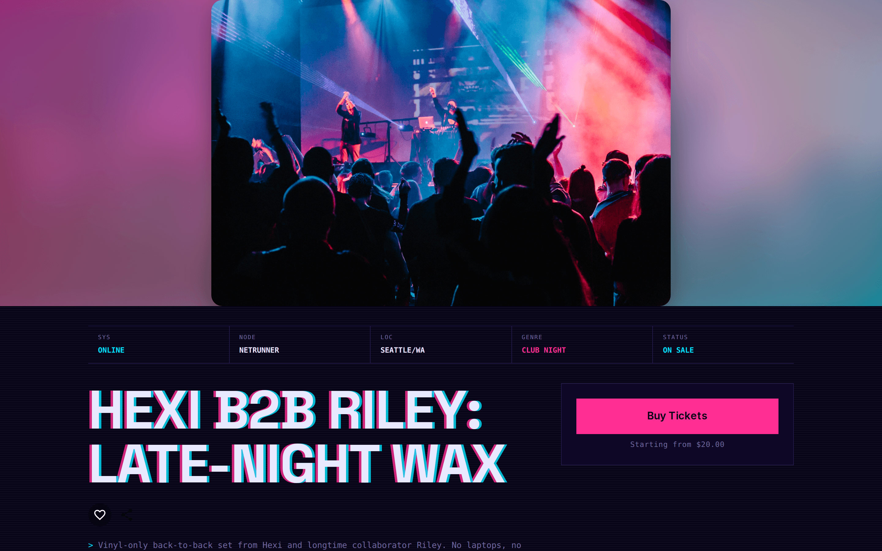 A vibe-themed out4 event page shown full-width on a laptop