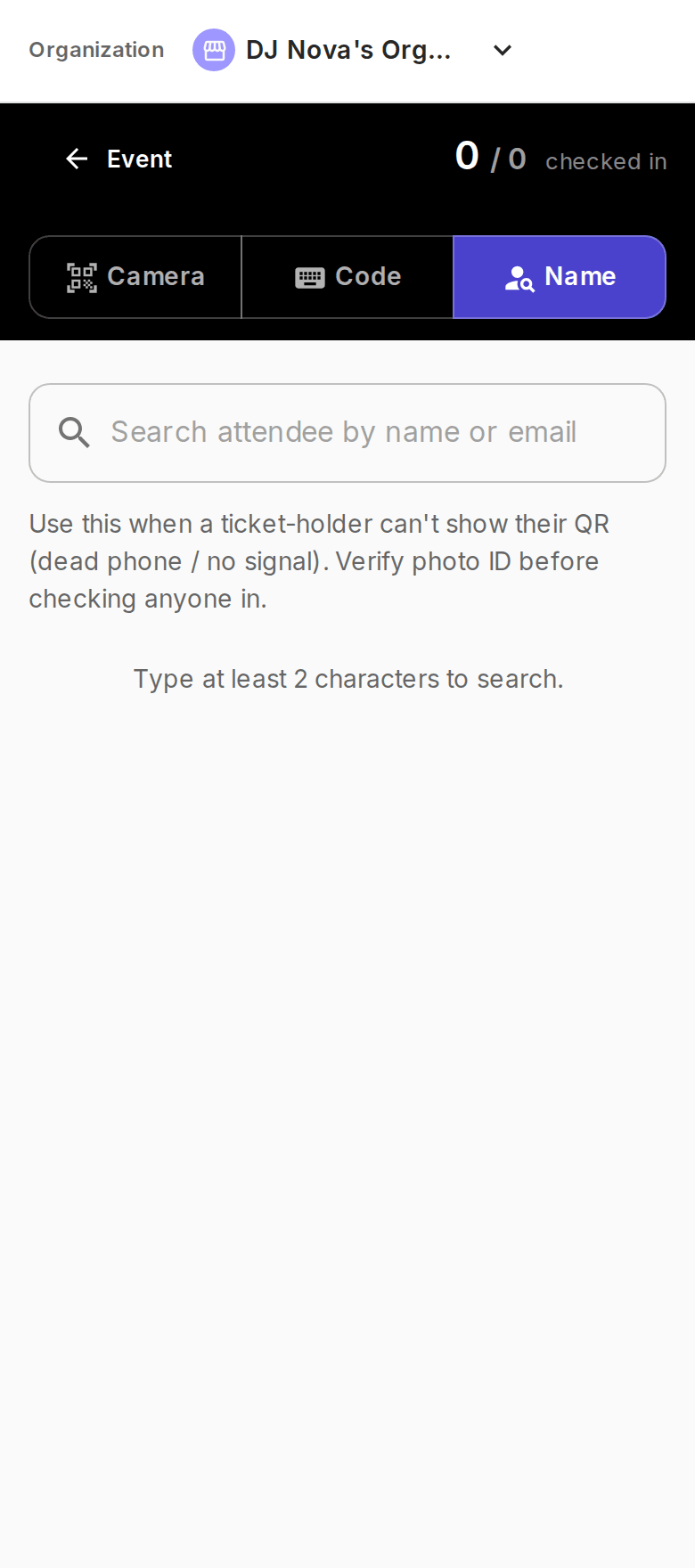 The out4 door scanner on a phone: the Name check-in tab with live counts for checked-in, sold and net revenue