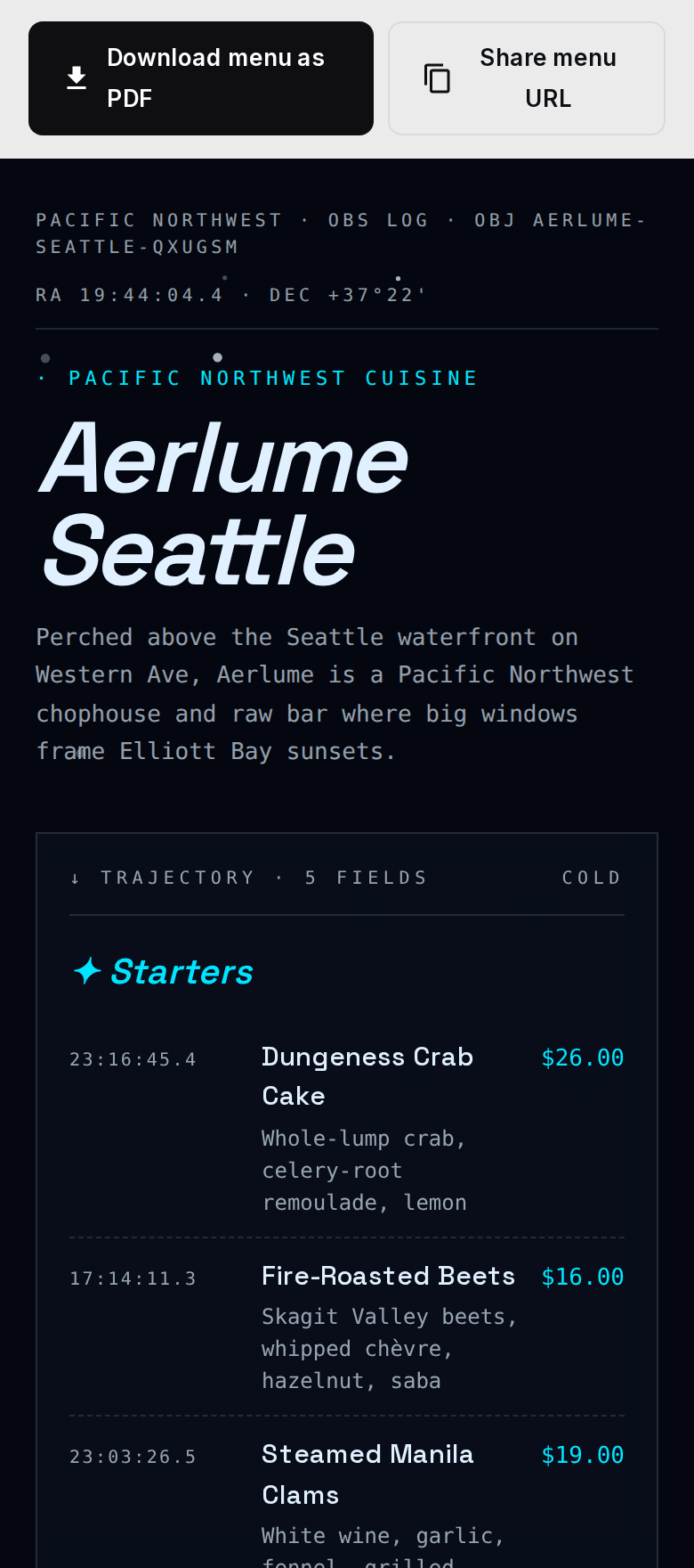 The the restaurant menu on out4 in the Futuristic vibe