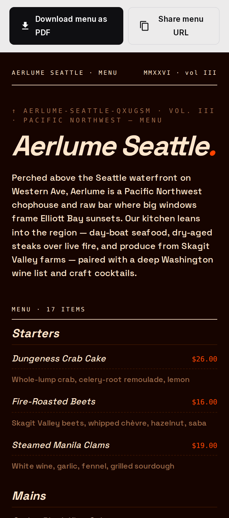 The the restaurant menu on out4 in the Inferno vibe