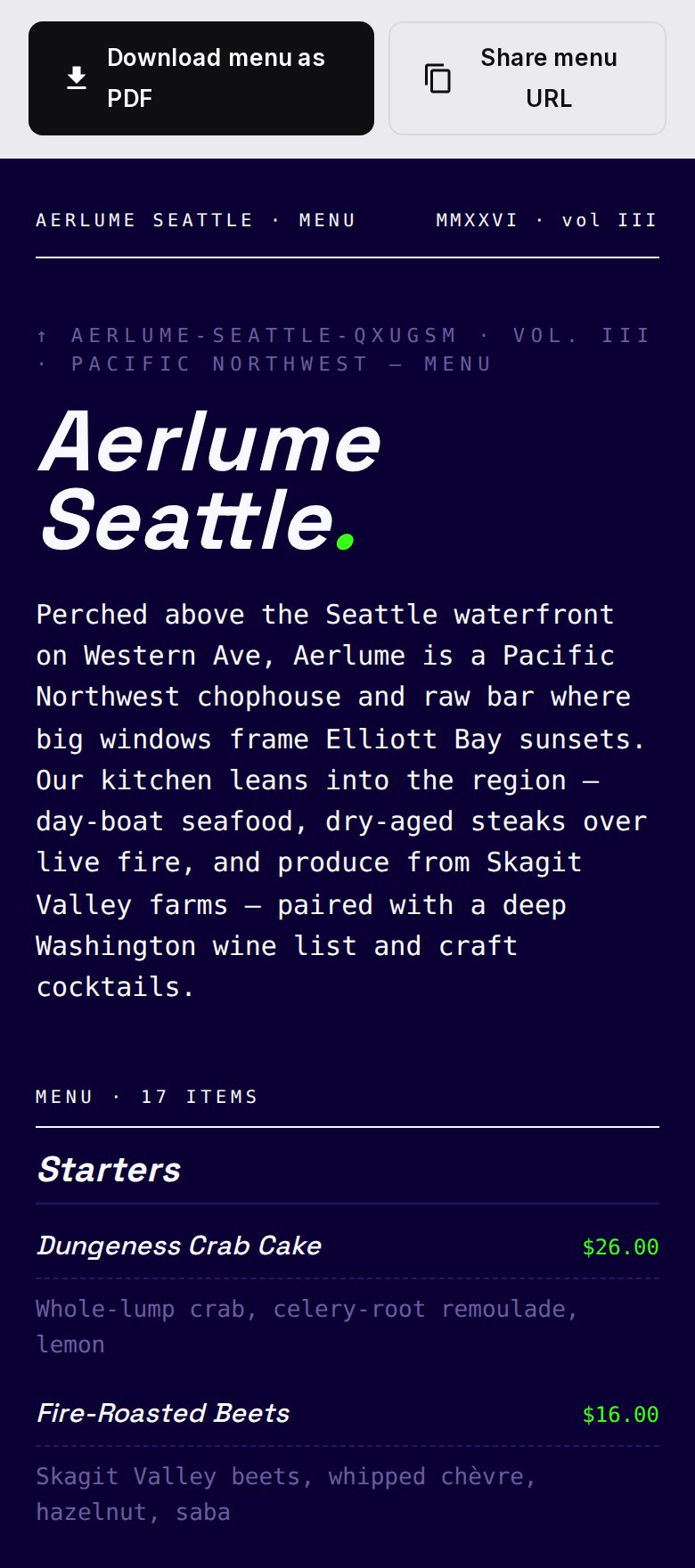 The the restaurant menu on out4 in the Neon vibe