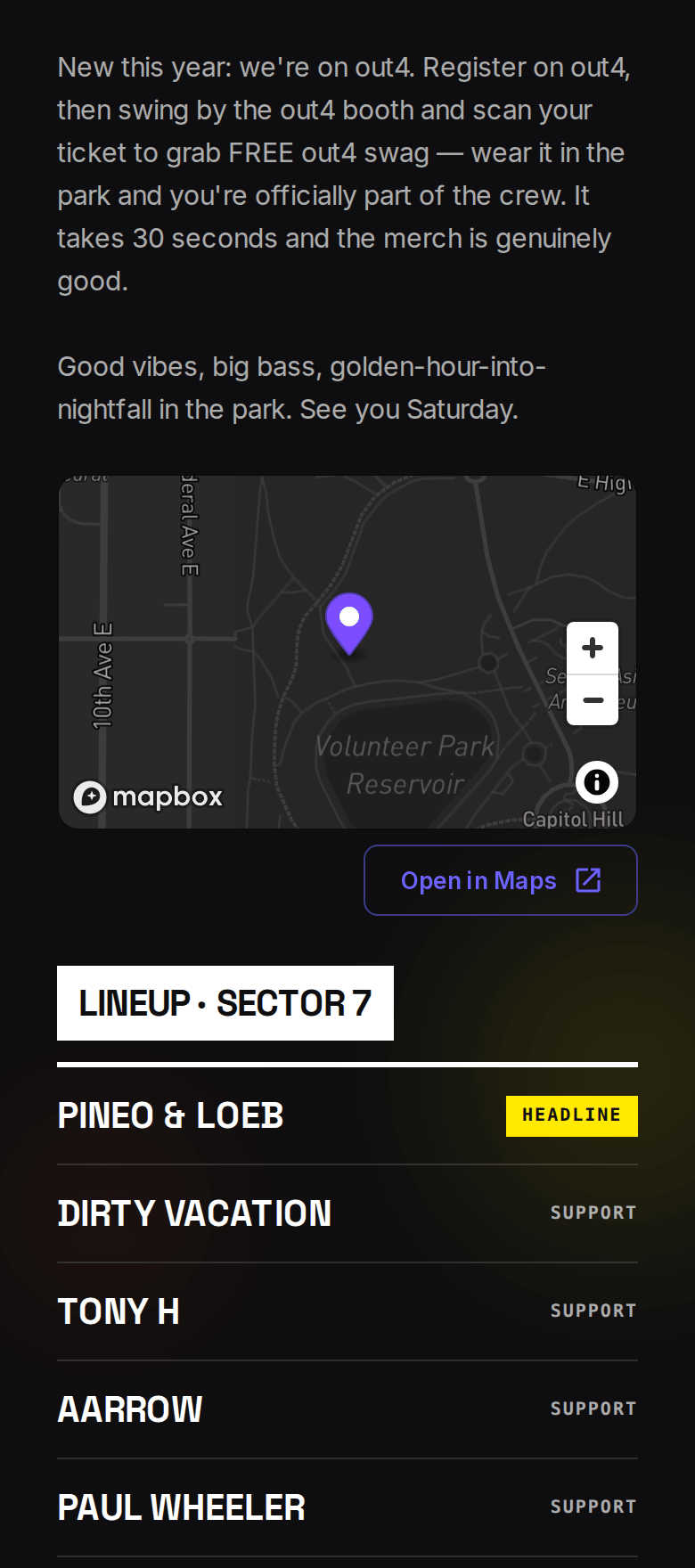 The Parké Diem event page on out4 in the Festival vibe, scrolled to its ten-artist lineup with set times
