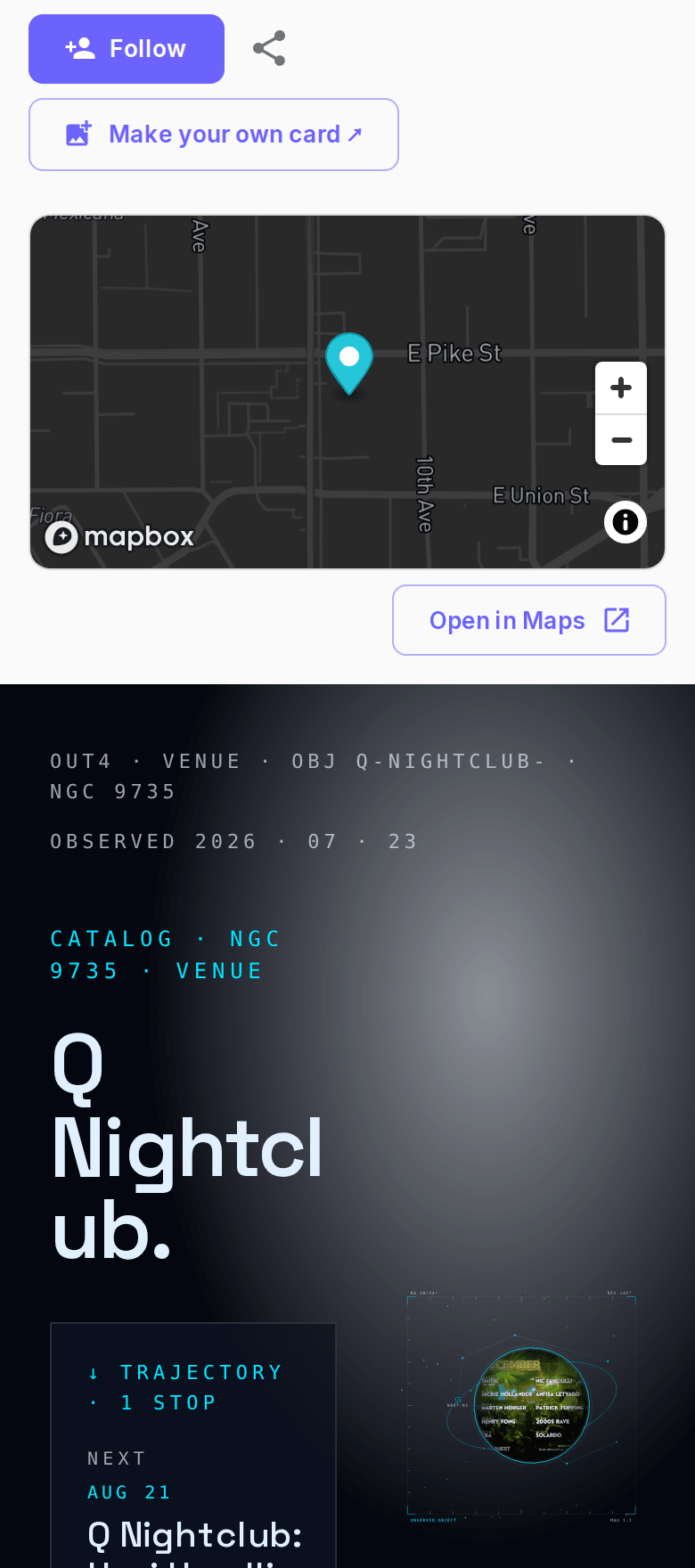 A venue listing page on out4 shown on a phone: capacity, PA, stage and hours, booking actions, and an auto-pulled month of shows