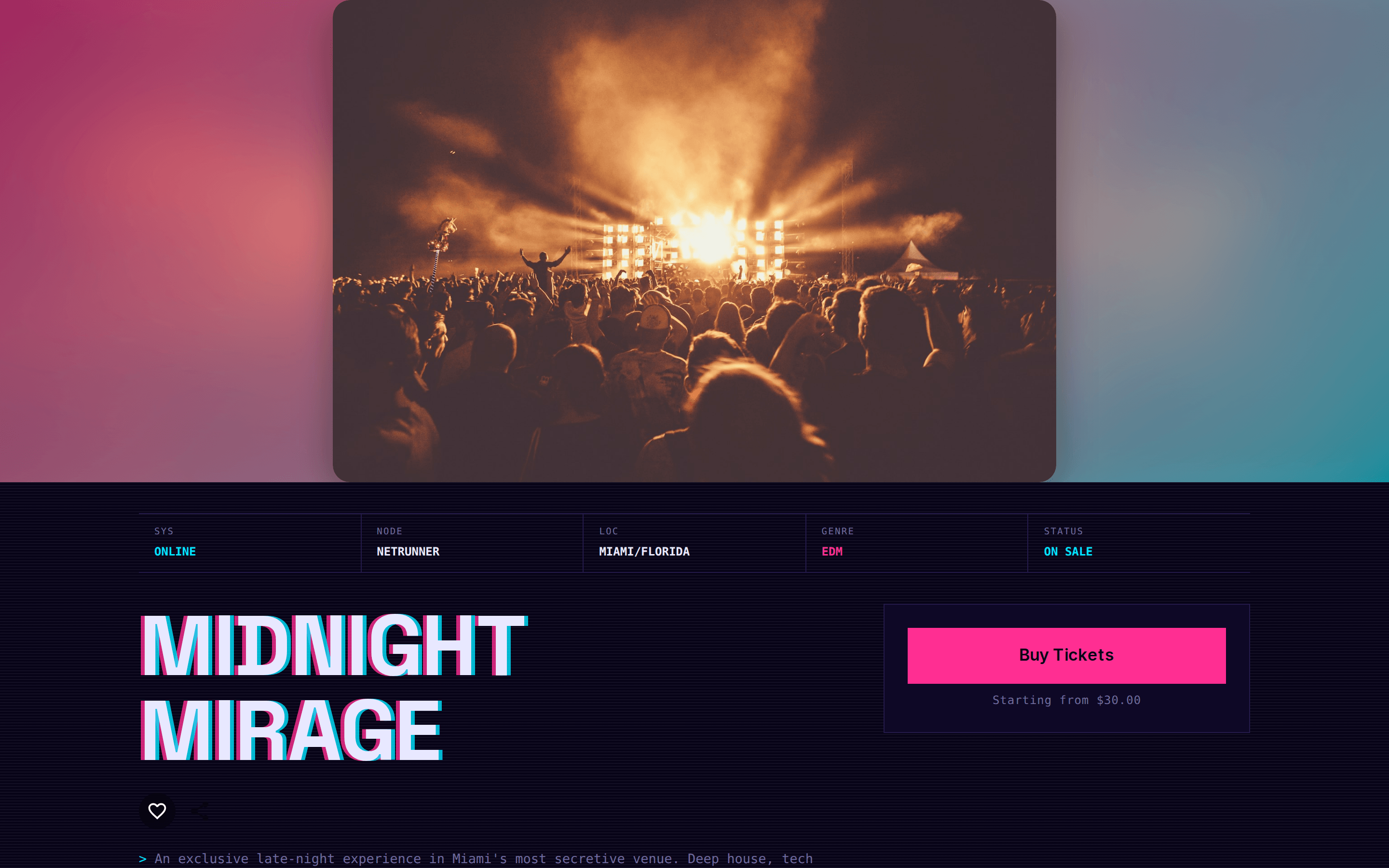 The same Mirage event page in the Cyberpunk vibe on a laptop
