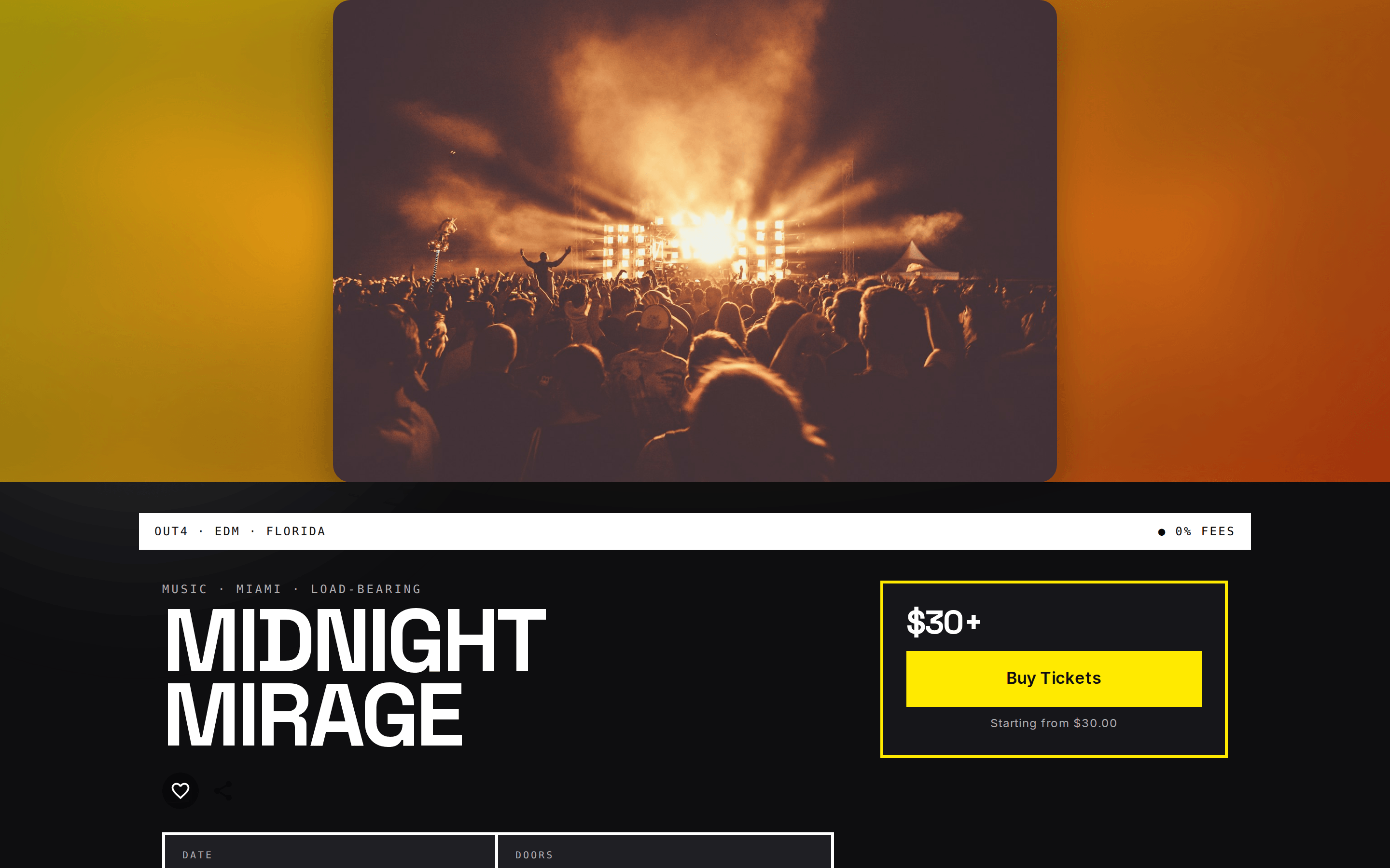 The same Mirage event page in the Festival vibe on a laptop