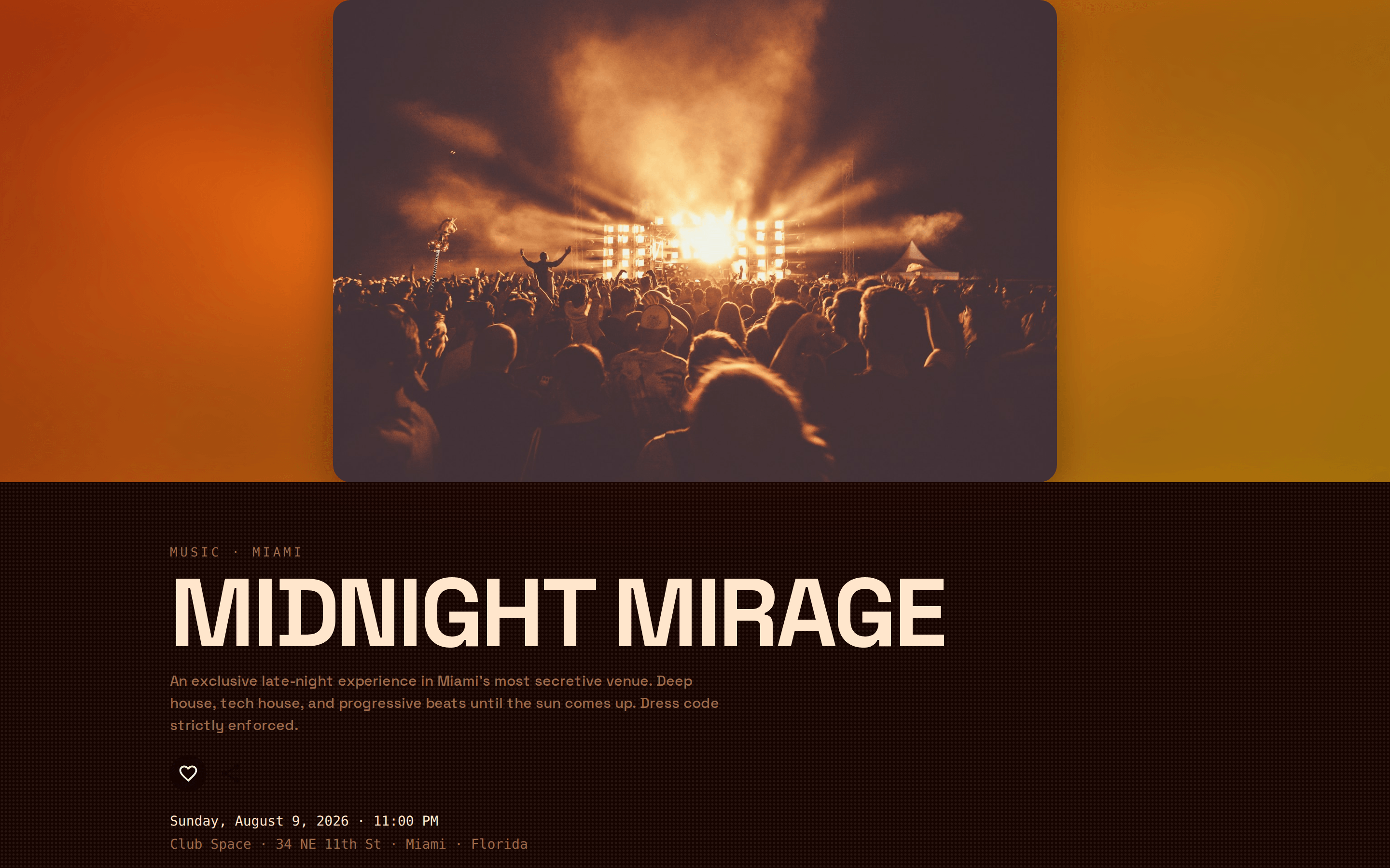 The same Mirage event page in the Inferno vibe on a laptop