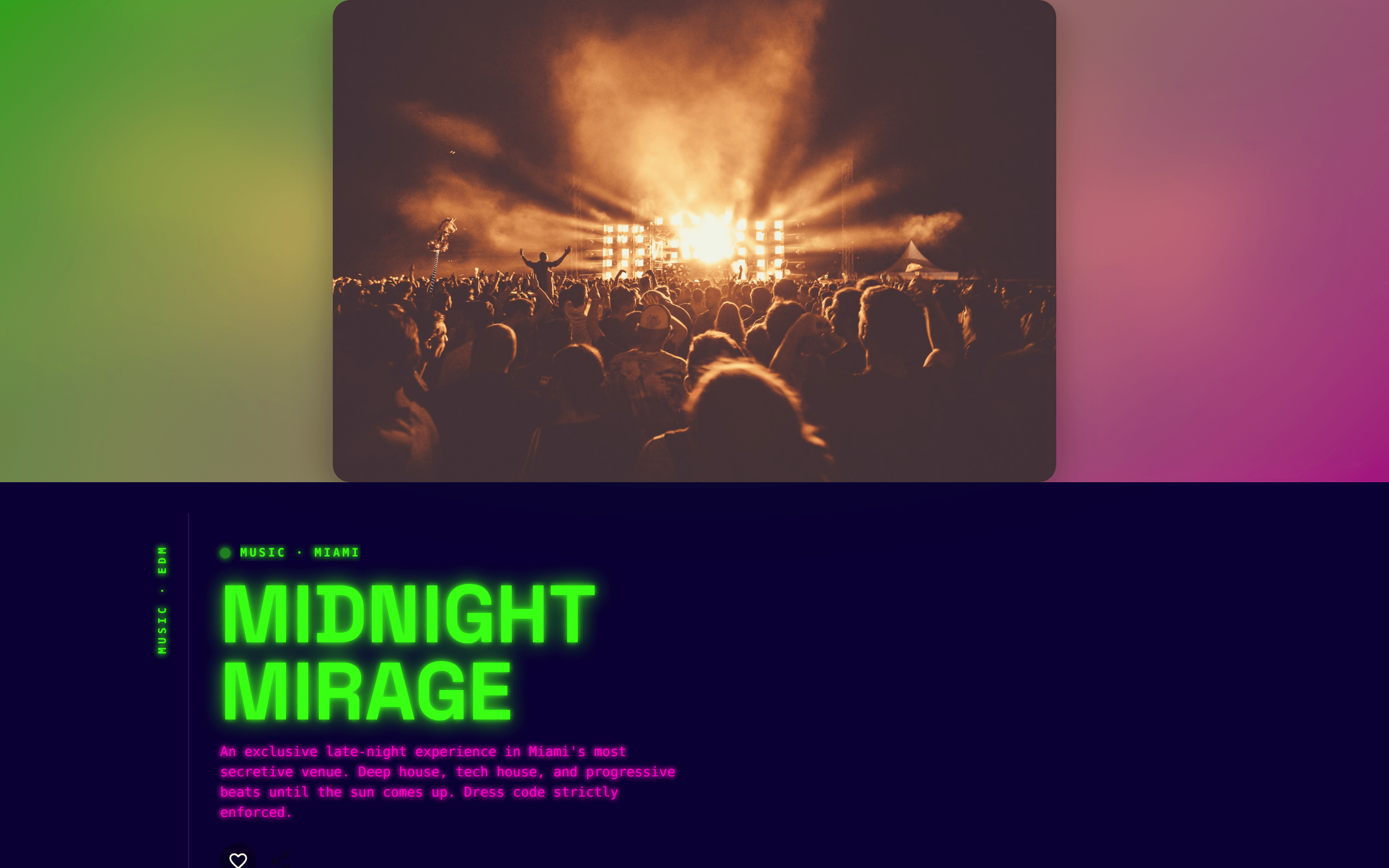 The Mirage event page in the Neon vibe on a laptop